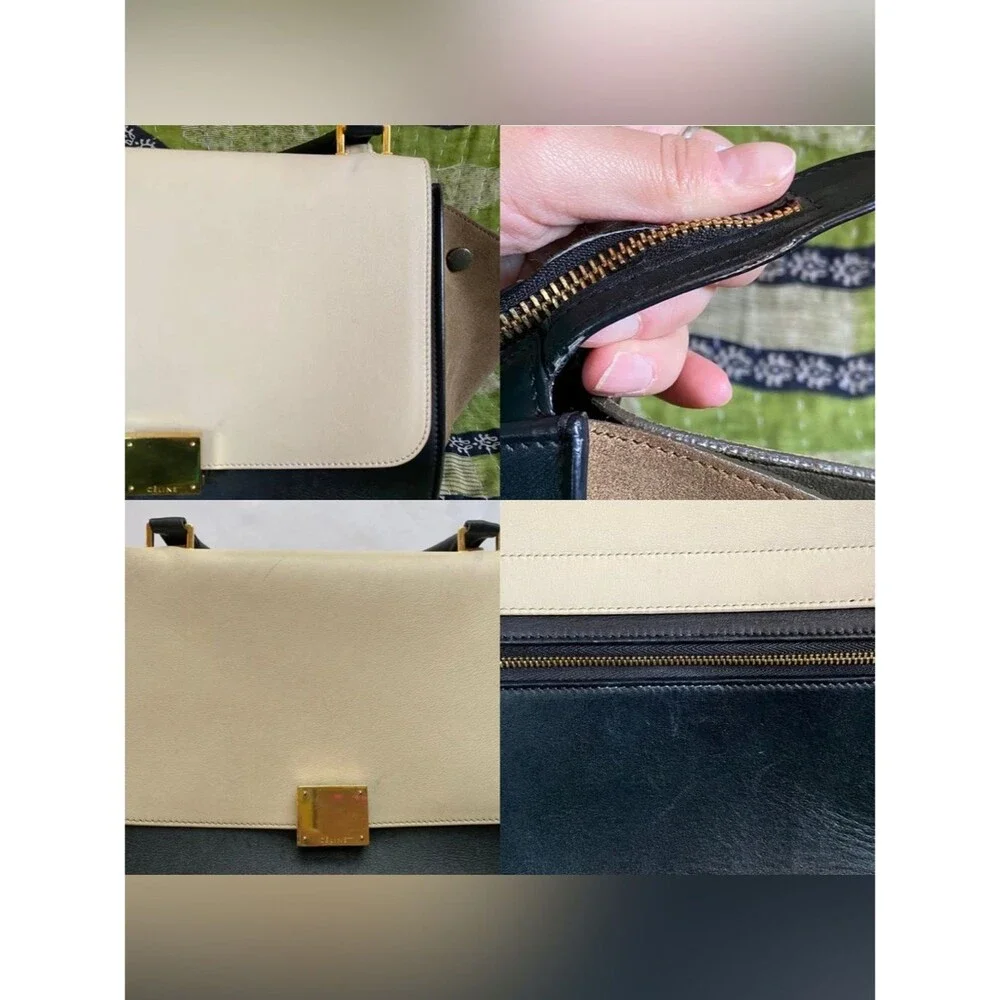 Celine 2014 Tricolor Trapeze Ivory/ Khaki/ Black Drummed Leather Satchel Luxury